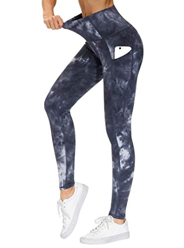 THE GYM PEOPLE Thick High Waist Yoga Pants with Pockets, Tummy Control Workout Running Yoga Leggings for Women (Small, Tie Dye Black Grey)