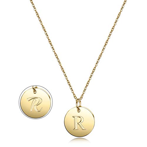Jinbaoying Initial Necklace, 14K Gold Plated Letter Necklace Round Disc Double Side Engraved Hammered Name Pendant Necklace with Adjustable Chain Pendant Enhancers (Gold: R)