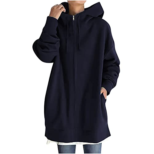 prime big deal days invite only zip up hoodies for women Women Long Sweatshirt Pullover Long Sleeve Solid Color Zip Up Hoodies Slim Fit Casual Fall Winter Shirts with Pocket Dark Blue S