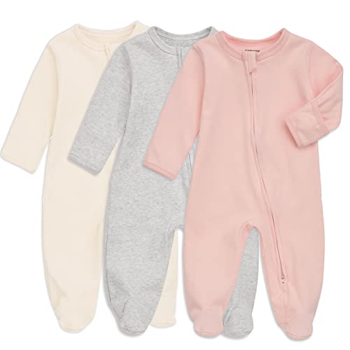 Aablexema Baby Footie Pajama with Mitten Cuffs, Double Zipper Infant Cotton clothes Sleeper Pjs, Footed Sleep Play(Ivory & Grey & Pink,0-3 Months)