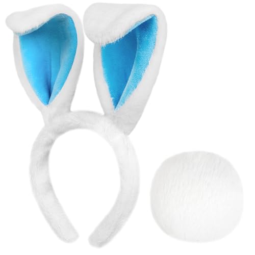 Easter Bunny Ears Headband and Tail Set, White Plush Easter Bunny Costume Accessories for Adults and Kids, Easter Rabbit Ears Headband Bunny Cosplay Dress up Party Supplies