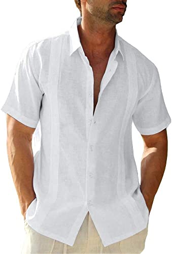 JEKAOYI Mens Casual Linen Cotton Button Down Short Sleeve Shirts Cuban Camp Guayabera Beach Tops