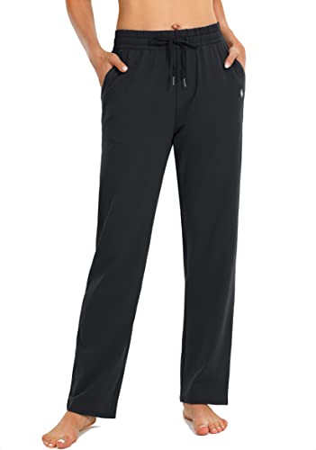 SANTINY Women's Cotton Sweatpants Yoga Lounge Casual Pants Open Bottom Sweat Pants for Women with Pockets (Black_L)