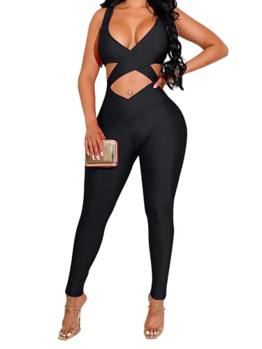 acelyn Women's Sexy Sleeveless One Piece Jumpsuit-Summer Cut Out Bodycon Rompers Clubwear Y2k Streetwear Black S
