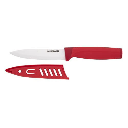 Farberware Ceramic 5-inch Utility Knife with Custom-Fit Blade Cover, Razor-Sharp Kitchen Knife with Ergonomic, Soft-Grip Handle, Dishwasher-Safe, 5-inch, Red