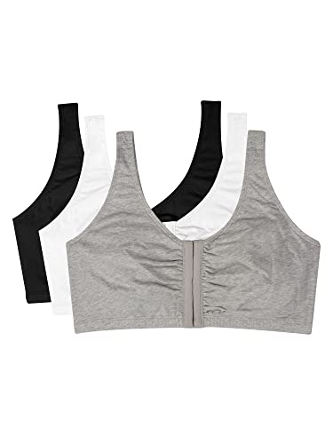 Fruit of the Loom Women's Front Close Builtup Sports Bra, Black/White/Heather Grey 3-Pack, 34