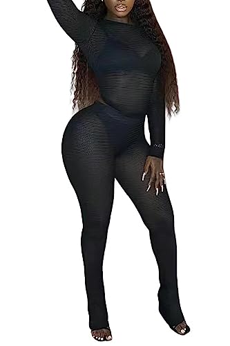 SUZONANA Sexy Two Piece Mesh Outfits for Women Long Sleeve See Through Pants Outfit Black M