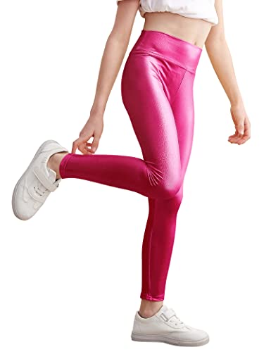Gnainach Metallic Leggings Girls Size 8-9 Years Old Sparkly Rose Red Running Dance Tights Smooth Athletic Dance Pants with High Waist