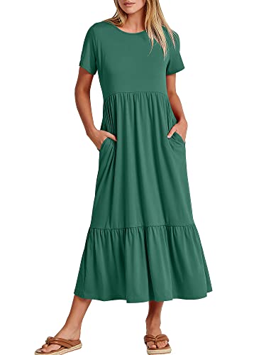 ANRABESS Women's Summer Casual Short Sleeve Crewneck Loose Swing Dress Flowy Comfy Tiered Maxi Beach Dress 2024 Trendy Long Shirt Dresses with Pockets727caolv-L Green