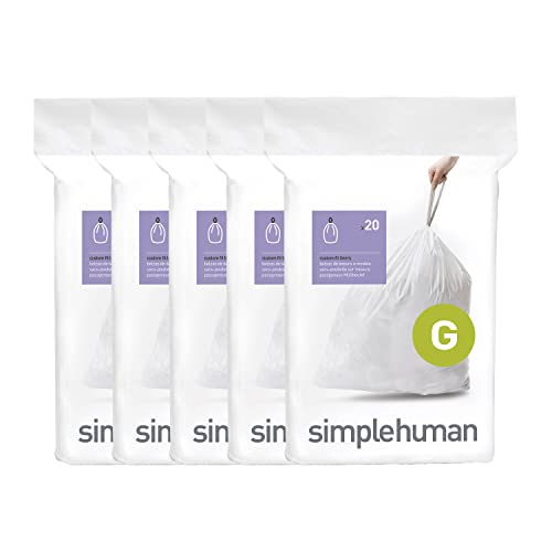 Simplehuman Code G Genuine Custom Fit Drawstring Trash Bags in Dispenser Packs, 20 Count (Pack of 5), 30 Liter / 8 Gallon, White