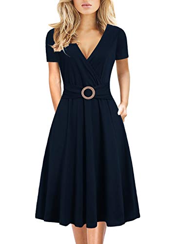 Women's Elegant Criss-Cross V Neck Vintage Short Sleeve Work Casual Party Swing Tea Dress with Pockets 980 (M, Navy Blue)
