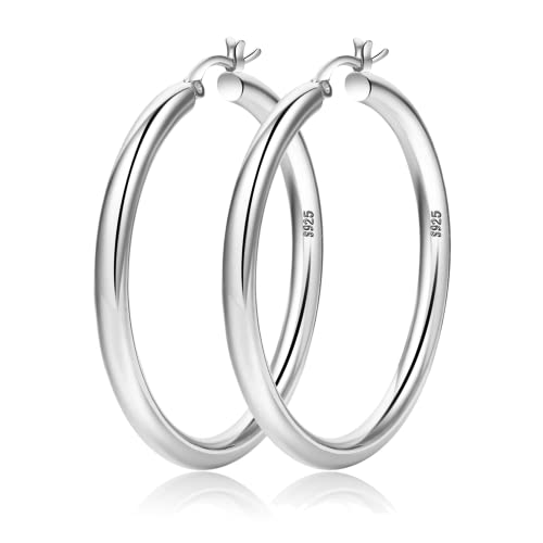 4mm Thick Silver Chunky Earrings Steling Post Hoops For Women Hollow Tube Hypoallergenic Lightweight Hoop Large 20/30/40/50/60MM