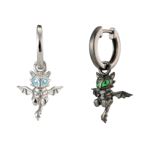 Mismatch Silver & Black Dragon Hoop Dangling Earrings Jewelry, Enamel & 925 Sterling Silver Posts