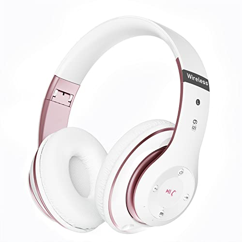 Bluetooth Headphones Over Ear, 6S Foldable Wireless Headphones with 6 EQ Modes, 40 Hours Playtime HiFi Stereo Headset with Mic, Soft Ear Pads, TF/FM for Cellphone/PC/Home (White & Rose Gold)