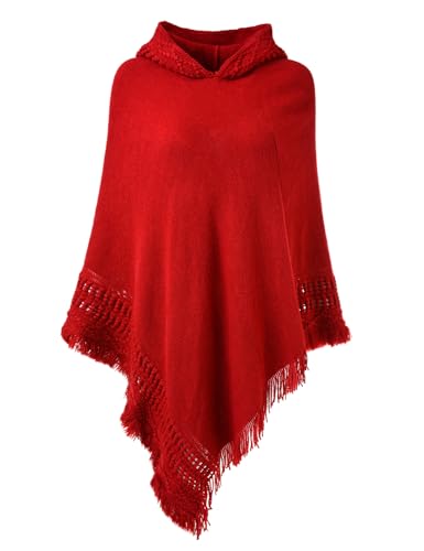 Ferand Ladies' Hooded Cape with Fringed Hem, Crochet Poncho Knitting Patterns for Women, Red