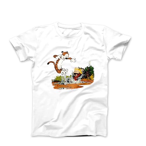 HarveyLtd Calvin & Hobbes Puddle Splashing T-Shirt (Medium, White)