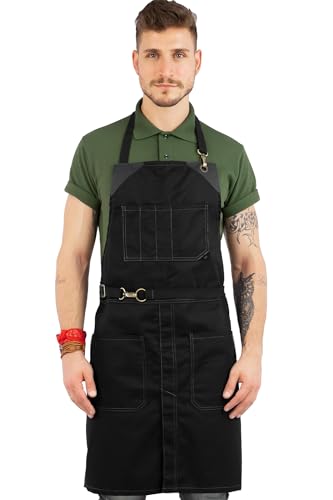 Under NY Sky No-Tie Opaque Black Apron - Durable Twill, Leather Reinforcement and Split-Leg - Adjustable for Men and Women - Pro Barber, Tattoo, Barista, Bartender, Baker, Hair Stylist, Server Apron