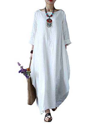 Celmia Women's 3/4 Sleeve Round Neck Solid Loose Long Maxi Dress Cotton Gown with Side Pockets Off White L