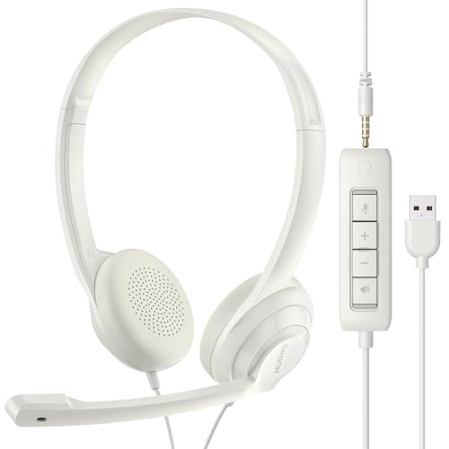 NUBWO HW02 USB Computer Headset with Clear Chat Microphone, Lightweight On-Ear Wired Headset for MS Teams, Skype, Webinars, Call Center and More (White)
