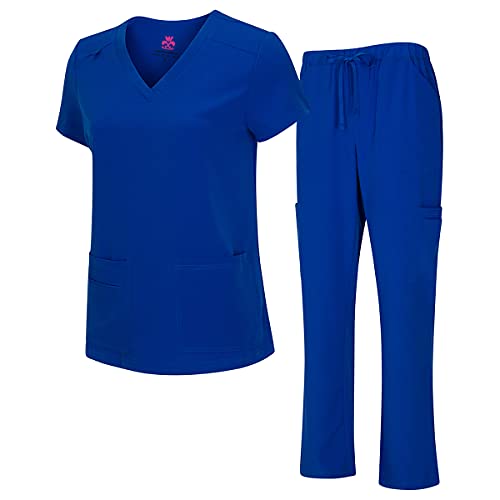 Natural Uniforms Women's Cool Stretch V-Neck Top and Cargo Pant Set (True Royal Blue, Medium)