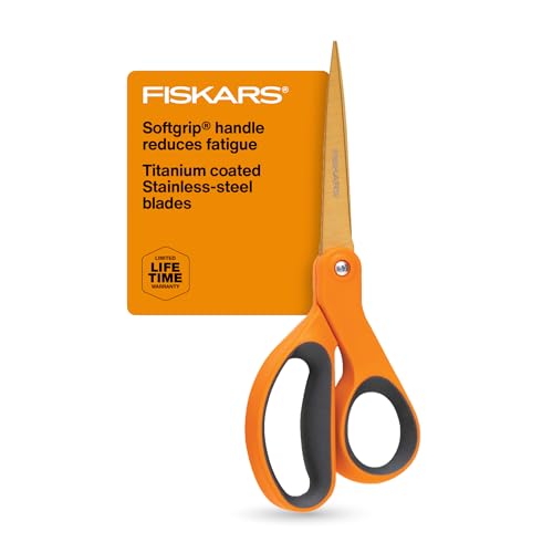 Fiskars SoftGrip Titanium Scissors All Purpose - 8' Straight Handle Scissors for Office, Arts, and Crafts - Orange