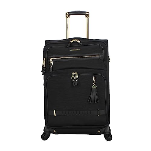 Steve Madden Designer Luggage Collection - Lightweight 24 Inch Expandable Softside Suitcase - Mid-size Rolling 4-Spinner Wheels Checked Bag (Black, 24in)