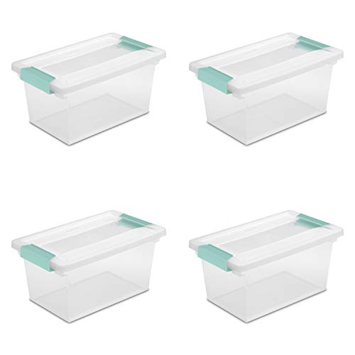 Sterilite Medium Clip Box, Stackable Small Storage Bin with Latching Lid, Plastic Container to Organize Office, Crafts, Clear Base and Lid, 4-Pack