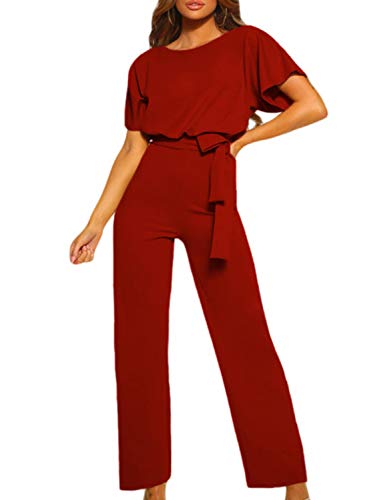 Happy Sailed Women Casual Loose Short Sleeve Belted Wide Leg Pant Romper Jumpsuits Large Red