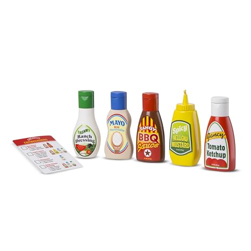 Melissa & Doug 5-Piece Favorite Condiments Play Food Set - Play Ketchup and Mustard Bottles, Pretend Play Food Set For Kids Ages 3+