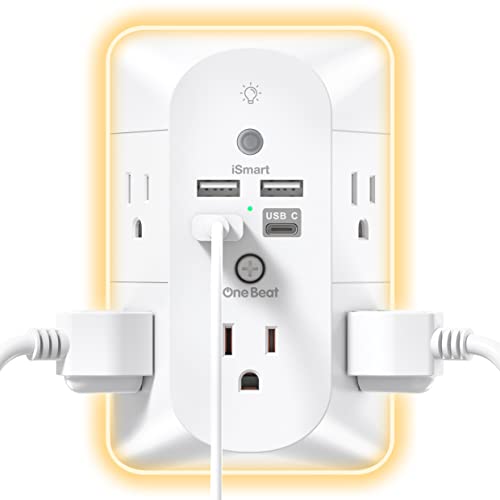 Outlet Extender with Night Light, Surge Protector, Power Strip, 5 Outlet Splitter (3 Side) and 4 USB Charger(1 USB C), USB Wall Charger, Multi Plug Outlets for Home, Office, Dorm Room Essentials