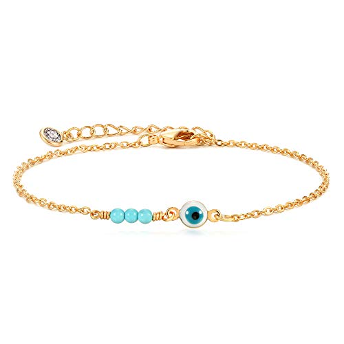 MEVECCO Bracelet for Women Gold Evil Eye Ball Turquoise Trio Bead Wire Wrapped 14K Gold Plated Dainty Chain Handmade Simple Protection Jewelry Cute for Girls