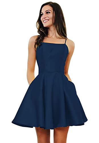 Sukleet Short Navy Blue Homecoming Dresses with Pockets for Teens Open Back Prom Gowns Spaghetti Straps Satin Cocktail Dress Size 8