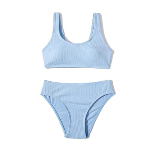 MIENOE Teen Girls' Swimsuits Two-Piece Swimsuit Sport Wrap Around Bikini Swimsuit Solid Color Bikini Sete Kids Sky Blue Fashion Swimsuit (Size 12-14Years)