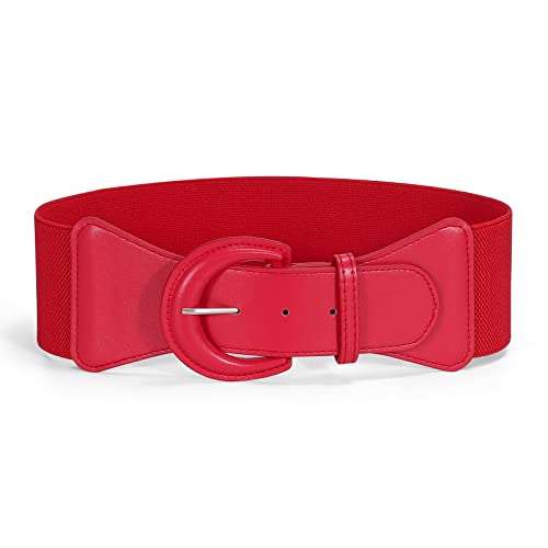 JASGOOD Women Retro Wide Stretchy Waist Belt, Vintage Chunky Buckle Red Belts for Dress