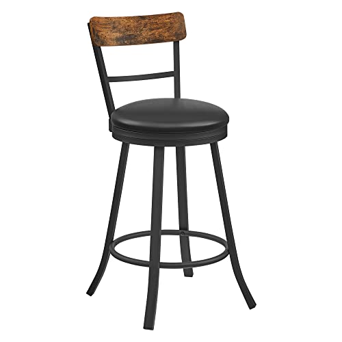 VASAGLE Swivel Bar Stool Counter Height, 25.8 Inch Barstool Chair with Back, Upholstered Cushioned Seat and Footrest, Easy Assembly, Industrial Steel Frame, Black and Rustic Brown ULBC077B01