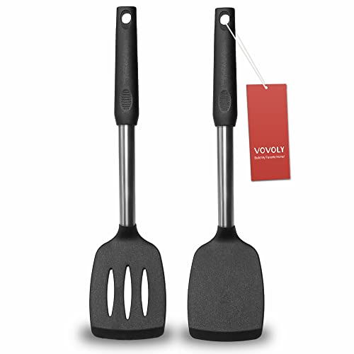 2 Pack Spatulas, Solid & Slotted Silicone Spatula Set, Stainless Steel Handle Coated with Silicone, Non Stick Turners, Heat Resistant BPA Free Rubber Spatulas for Fish, Eggs, Pancakes, WOK, Black