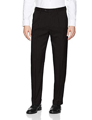 Savane Men's Pleated Stretch Crosshatch Dress Pant, Black, 32W x 32L