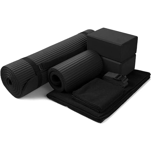 BalanceFrom GoYoga 7-Piece Set - Include Yoga Mat with Carrying Strap, 2 Yoga Blocks, Yoga Mat Towel, Yoga Hand Towel, Yoga Strap and Yoga Knee Pad (Black, 1/2'-Thick Mat)