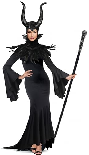 UQJE Halloween Maleficent Gown Set Feather Cape Shawl with Maleficent Horns Costumes Couples-2XL