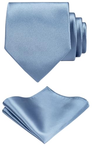 TIE G Solid Satin Color Formal Necktie and Pocket Square Sets in Gift Box (Dusty Blue)