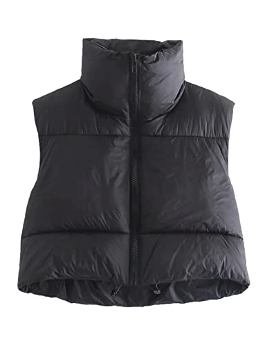 Fenclushy Women's Winter Warm Padded Crop Vest Lightweight Sleeveless Puffer Vest(Black,S)
