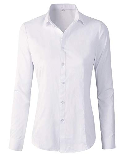 Women's Basic Long Sleeve Button Down Shirt Work Wear (M, 680 White)