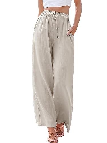 ANRABESS Women's Linen Summer Palazzo Pants Elastic Waist Casual Beach Trendy Wide Leg Trousers with Pockets A1196maxing-L Apricot