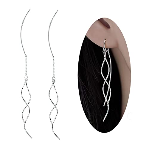 925 Sterling Silver Earrings Fashionable Long Threader Earrings Handmade Twisted Linear Curved Dangle Drop Earrings Hypoallergenic Tiny Twist Earrings For Women Teens Girls