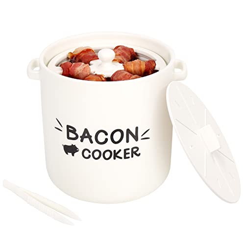 SOLIGT Ceramic Bacon Cooker for Microwave Oven - Splatter-Proof Design Microwave Bacon Cooker with Lid and Bonus Tongs - Easy Faster Bacon Maker for Yummy Crispy Bacon