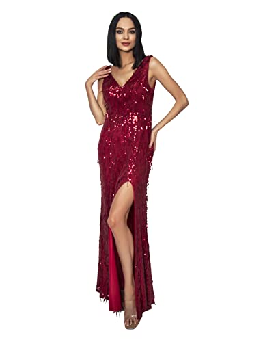 ZRSGXG Sequin Tassel V-Neck Open Back Sleeveless Split Party Mermaid Evening Dress(Red,Small)