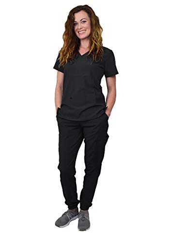 Green Town Scrubs for Women Scrub Set - Jogger Pant and V-Neck Top, 6 Pockets, Easy Care Uniforms-Black-Medium