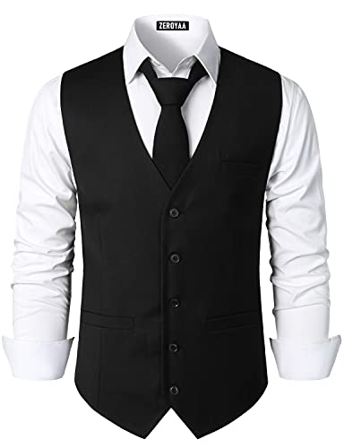 ZEROYAA Men's Hipster Urban Design 3 Pockets Business Formal Dress Vest for Suit Tuxedo ZLSV16 Black Small