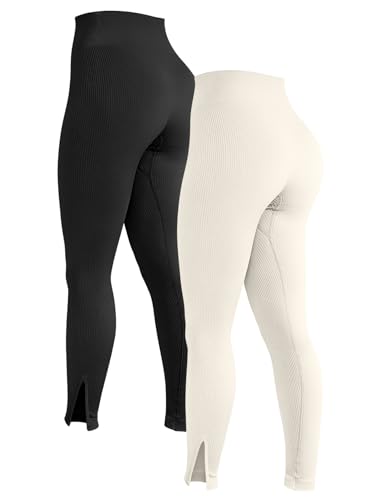 OQQ Women 2 Piece Leggings Workout Tights Tummy Control Ribbed Gym Exercise Girl Yoga Pants Black Beige