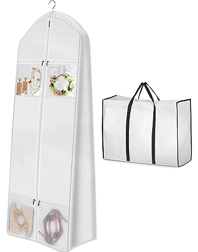 MISSLO Portable 70' Wedding Dress Garment Bag with Bride Tote Bag 8'' Gusseted Dress Bags for Gowns Long 4 Pockets Dress Cover for Women, White